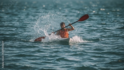 Person Kayaks in Blue Water With Splashes on a Sunny Day