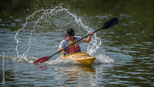 Person Kayaks in Blue Water With Splashes on a Sunny Day
