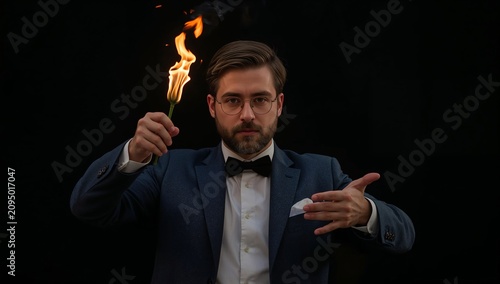 Man Performs a Fire Trick While Dressed in Formal Clothing With a Dark Backgr...