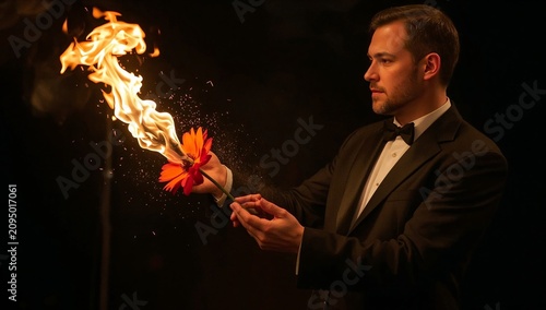 Man Performs a Fire Trick While Dressed in Formal Clothing With a Dark Backgr...