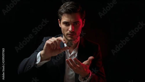 Man Performing Coin Trick in Dark Setting With Focused Look and Hand Gestures
