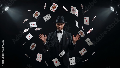 Magician Performs Card Trick With Flying Cards in Dark Setting During a Show