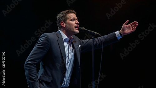 Singer Performs on Stage During a Concert at Night With Spotlight and Microph...
