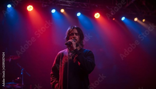 Singer Performs on Stage Under Colorful Lights During a Concert at a Music Ve...