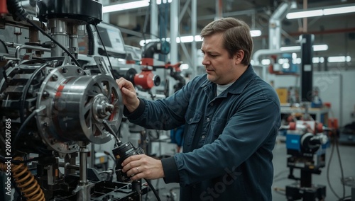 Engineer Works on Machinery in Industrial Workshop During Day
