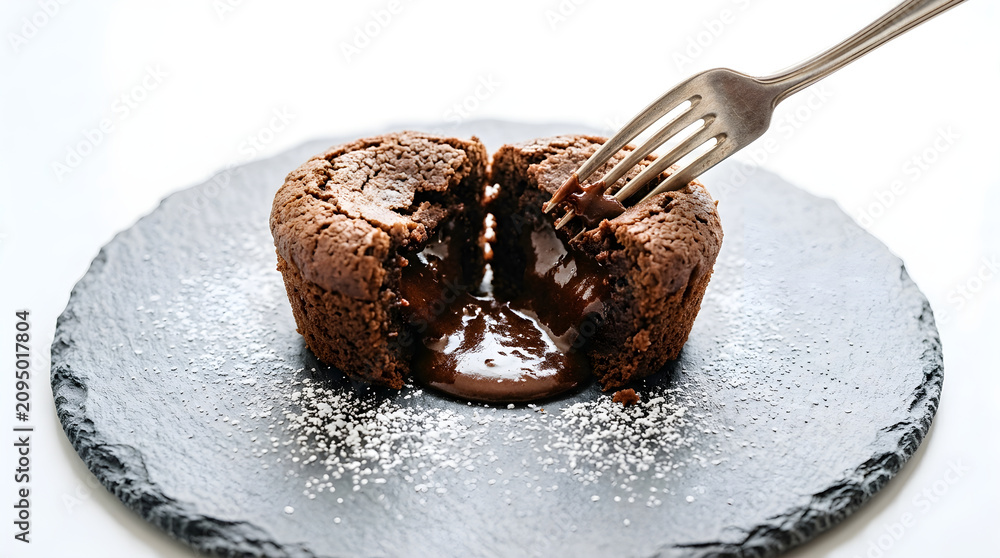 Fototapeta premium A delicious chocolate lava cake being served on a slate plate, isolated on white background. Perfect for restaurant menus and gourmet food.