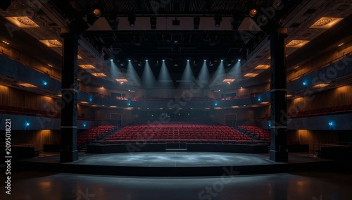 Stage is Set With Lights Shining in an Empty Theater Before a Performance Begins