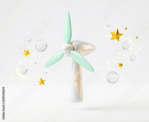3D smart wind turbine generator icon with pastel mint green blades, golden microcircuitry, and air bubbles for clean wind energy, sustainable power electricity concept, renewable technology claymorphi