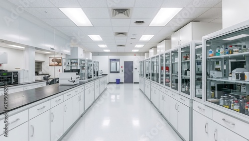 Laboratory Space With White Cabinets and Counters in a Research Facility Duri...
