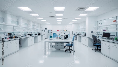 Laboratory Space With White Cabinets and Counters in a Research Facility Duri...