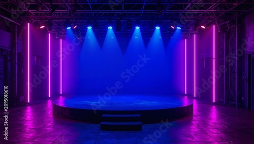 Colorful Stage With Lights at a Performance Venue in a City at Night