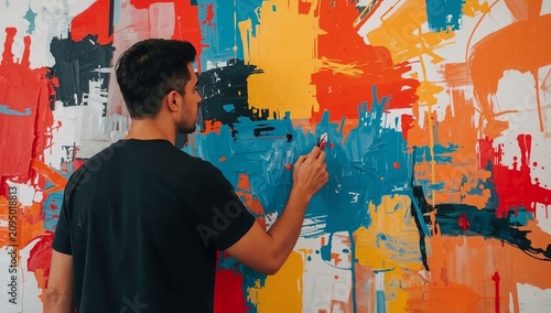 Young Man Creates Art on Large Wall Canvas in Bright Colors During a Creative...