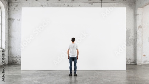 Visitor Stands in Front of Large Blank Wall in Art Gallery During Daytime