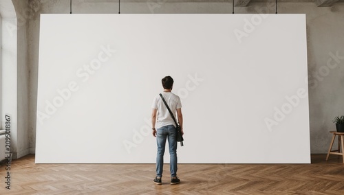 Visitor Stands in Front of Large Blank Wall in Art Gallery During Daytime