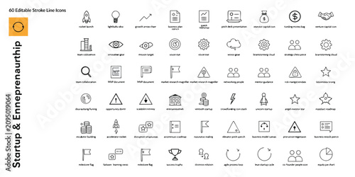 Clean startup and entrepreneurship vector line icon set for business development and innovation ideas