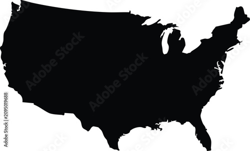 Solid black silhouette map of the united states of america, isolated