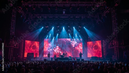 Live Concert With Band Playing Music on Stage With Colored Lights and Crowd C...