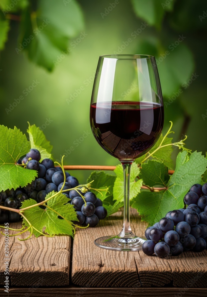 Obraz premium A clear crystal wine glass filled with deep red wine stands on a rustic wooden table amidst lush green grapevines and ripe purple fruit, wine, scenery, transparent