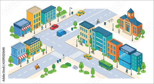Isometric vector illustration of a colorful city street scene with buildings vehicles and pedestrians cityscape urban landscape street scene