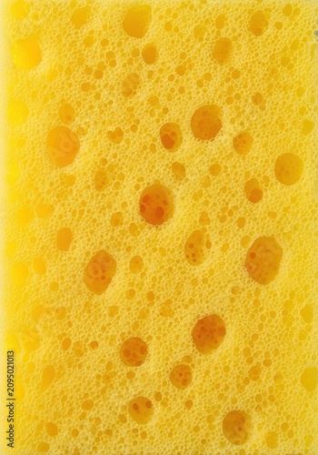 Close-up macro shot of a bright yellow synthetic sponge showing a porous surface with irregular holes and a soft, absorbent foam texture, bubbles, maintenance, material