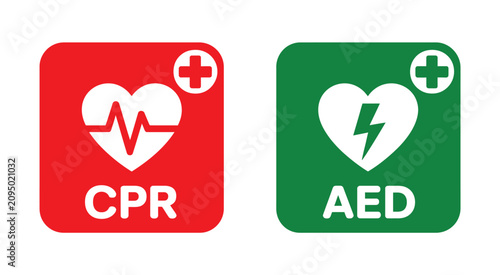 AED vector icons, automated external defibrillator, CPR, heart rescue and first aid emergency symbols in green and red isolated styles.