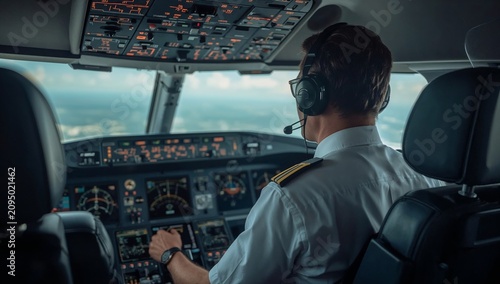 Pilot Operates the Controls in the Cockpit During a Flight Over the Landscape...