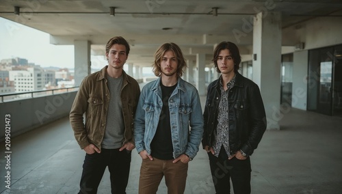 Three Young Men Pose on a Rooftop in an Urban Area During Daylight