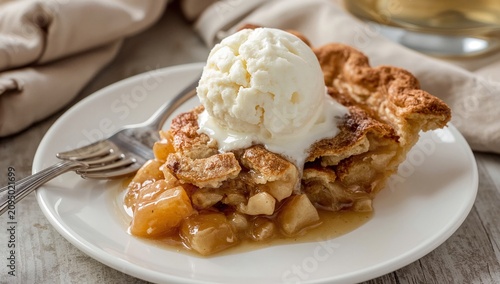 Delicious Apple Pie Slice Served With a Scoop of Vanilla Ice Cream on a Plate