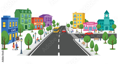 Photos Colorful vector illustration of a bustling town street scene with buildings peop