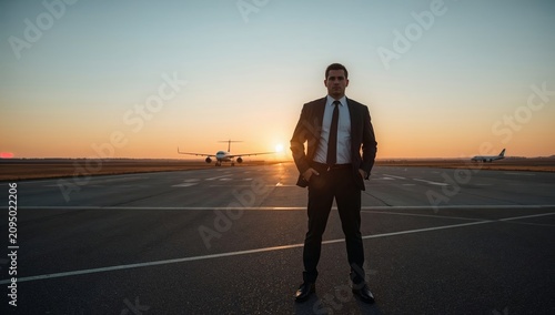 Businessman Stands on Runway as Airplane Takes off at Sunset