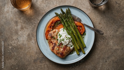 Chicken Thighs With Asparagus and Squash on a Plate During Dinner Time