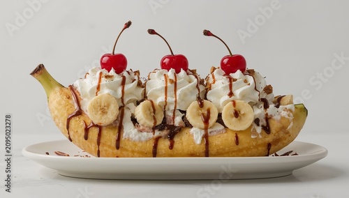 Enjoying a Dessert With a Banana Split Topped With Whipped Cream and Cherries