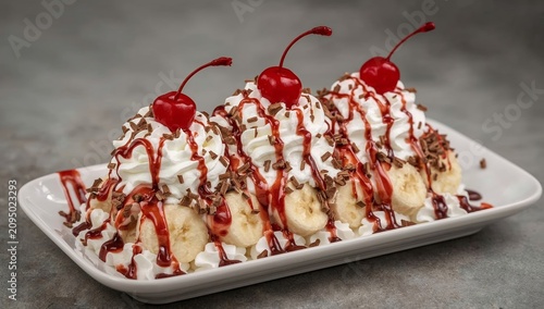 Enjoying a Dessert With a Banana Split Topped With Whipped Cream and Cherries