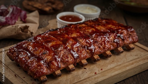 BBQ Ribs on a Wooden Board With Sauce and Side Dishes in a Dining Setting