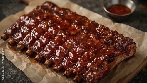 BBQ Ribs on a Wooden Board With Sauce and Side Dishes in a Dining Setting
