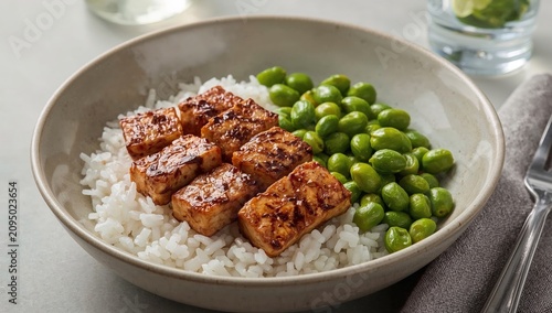 Delicious Tofu on Rice With Green Beans Served in a Bowl at a Dining Table