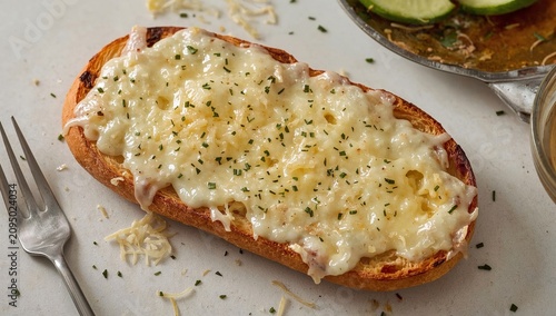 Delicious Bread Topped With Melted Cheese and Herbs on a Plate at a Dining Table