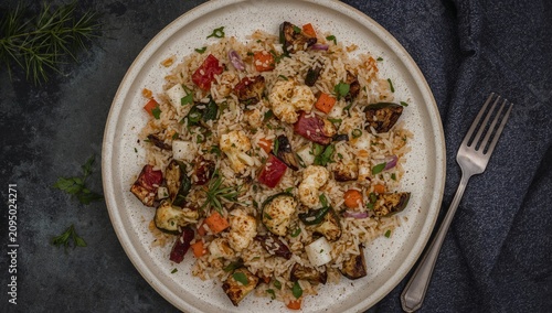 Rice and Vegetables Mixed in a Bowl With Spices in a Kitchen Setting During t...
