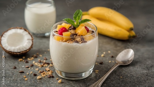 Delicious Yogurt Dessert With Fruits and Granola in a Bowl on a Dark Surface