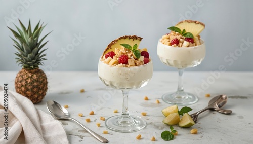 Delicious Yogurt Dessert With Fruits and Granola in a Bowl on a Dark Surface