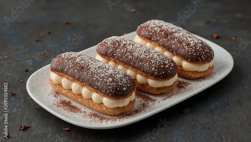 Delicious Pastries on a White Plate With Cocoa Powder and Coconut Flakes on a...