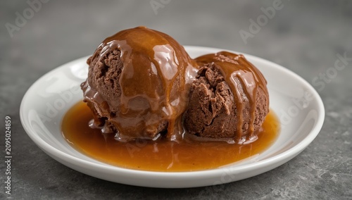 Delicious Chocolate Ice Cream With Caramel and Crunchy Bits on a Wooden Table