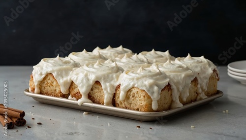 Baking Sweet Rolls With Creamy Frosting on a Silver Tray in a Kitchen Setting