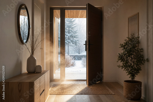 Modern home entrance with open front door during winter causing indoor heat loss and unnecessary residential energy waste