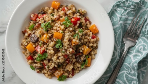 Healthy Quinoa Salad With Vegetables and Nuts Served in a White Bowl on a Mar...