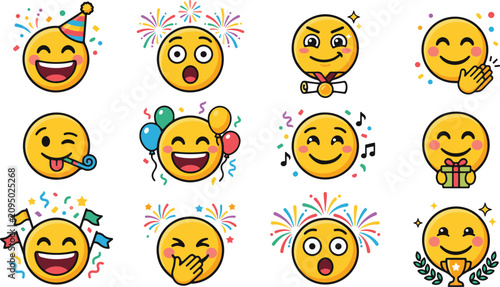 Celebration Emoji and Happy Smiley Icons Set