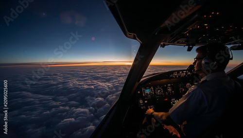 Pilot Controls Aircraft During Sunset Above the Clouds at High Altitude