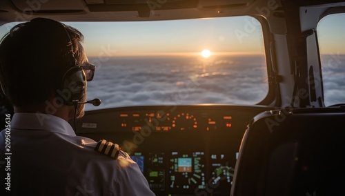 Pilot Controls Aircraft During Sunset Above the Clouds at High Altitude