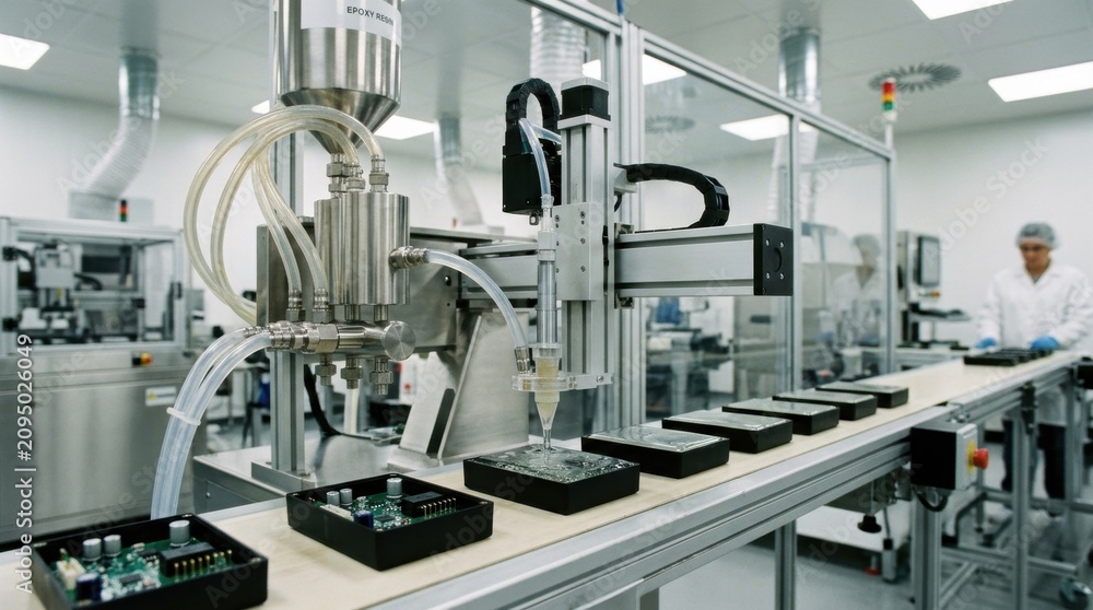 Fototapeta premium Medium shot of automated potting line filling electronic modules with clear resin in clean controlled environment highlighting precision and contaminationfree process.