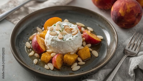 Fresh Peaches With Cream and Almonds in a Bowl on a Simple Table